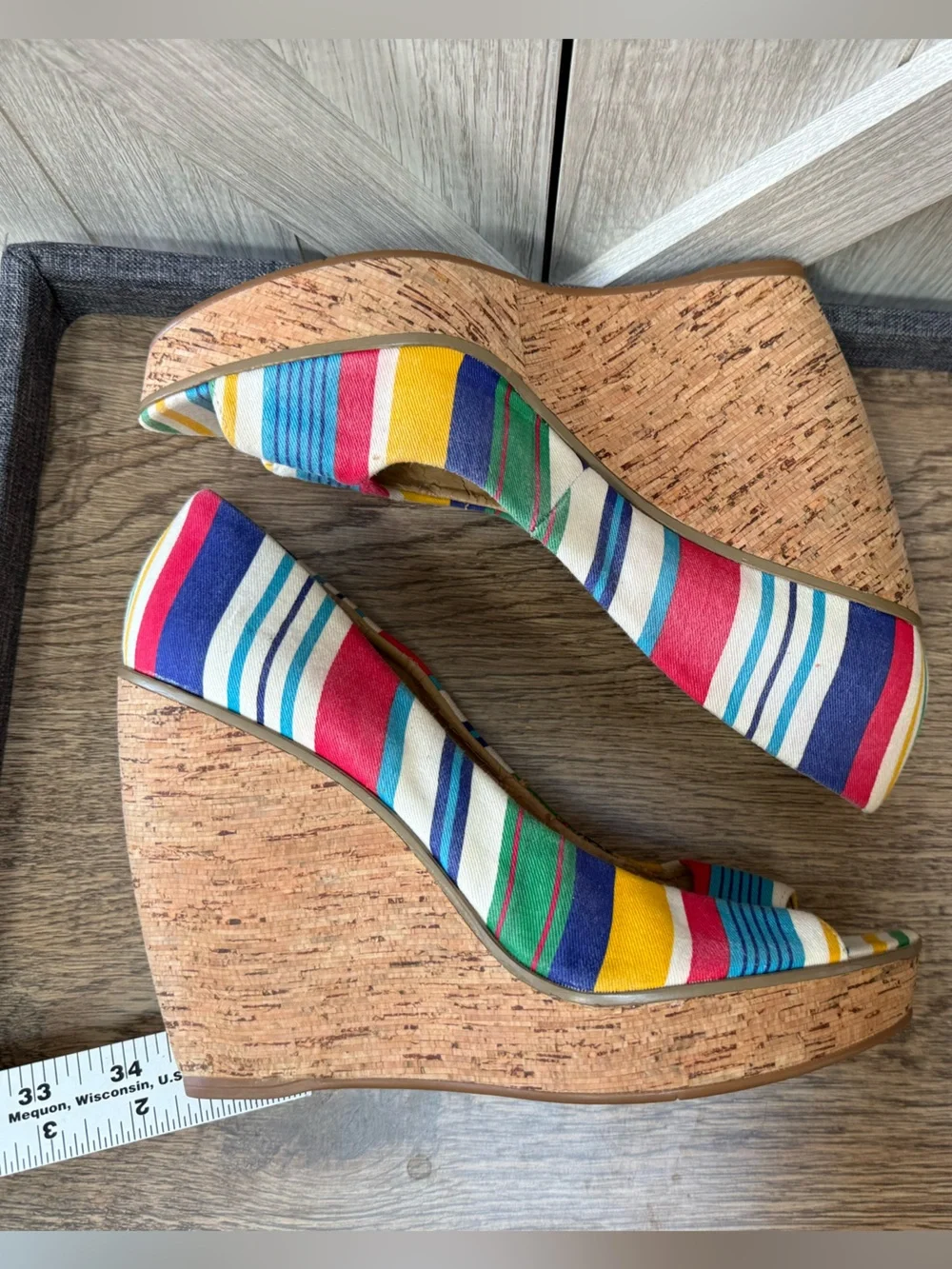 Nine West Multicolor Striped Peep-Toe Cork Platform Wedges (9.5)